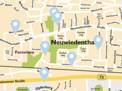 Ausschnitt aus der Stadtteilkarte Neuwiedenthals. Auf der Karte weisen hellblaue Pins auf bestimmte Orte hin.