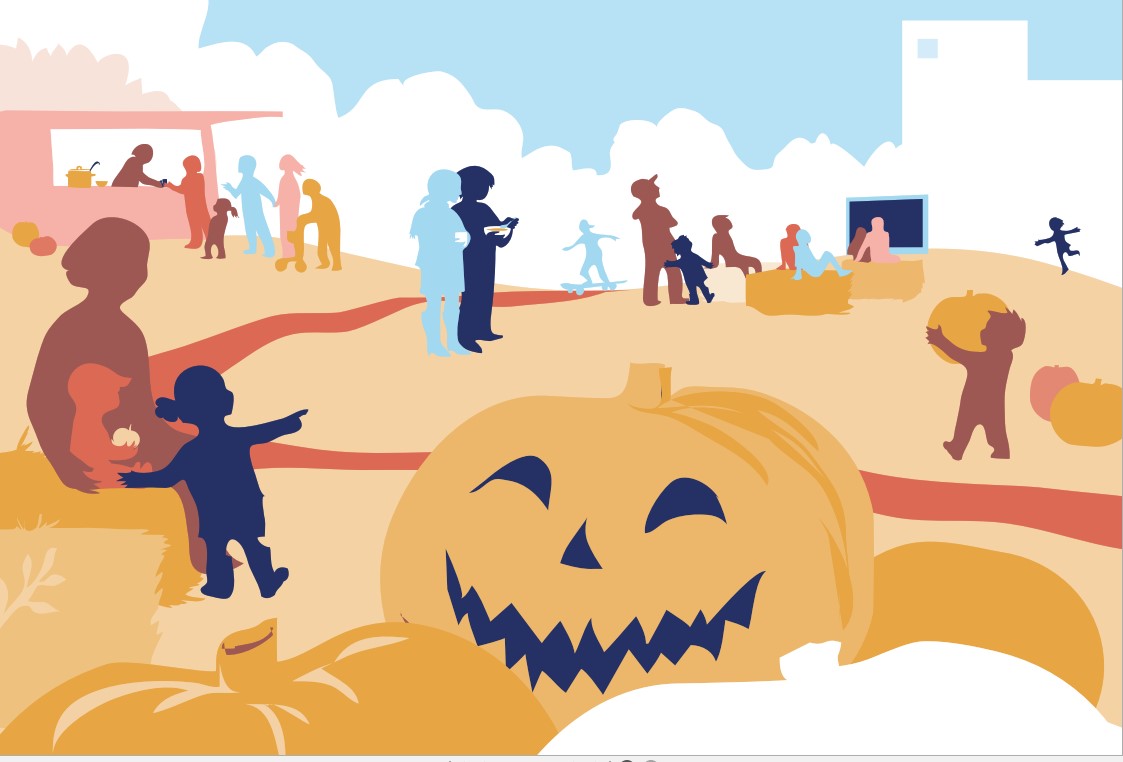 Zu sehen ist eine bunte Illustration. Im Bidlvordergrund ist ein großer gelber geschnitzter Kürbis abgebildet, der freundlich in die Kamera guckt. Im Hintergrund ist eine belebte Festwiese zu sehen, auf denen Personen auf Strohballen sitzen, sich an einem Stand ein Getränk holen oder auf eine Leinwand blicken.