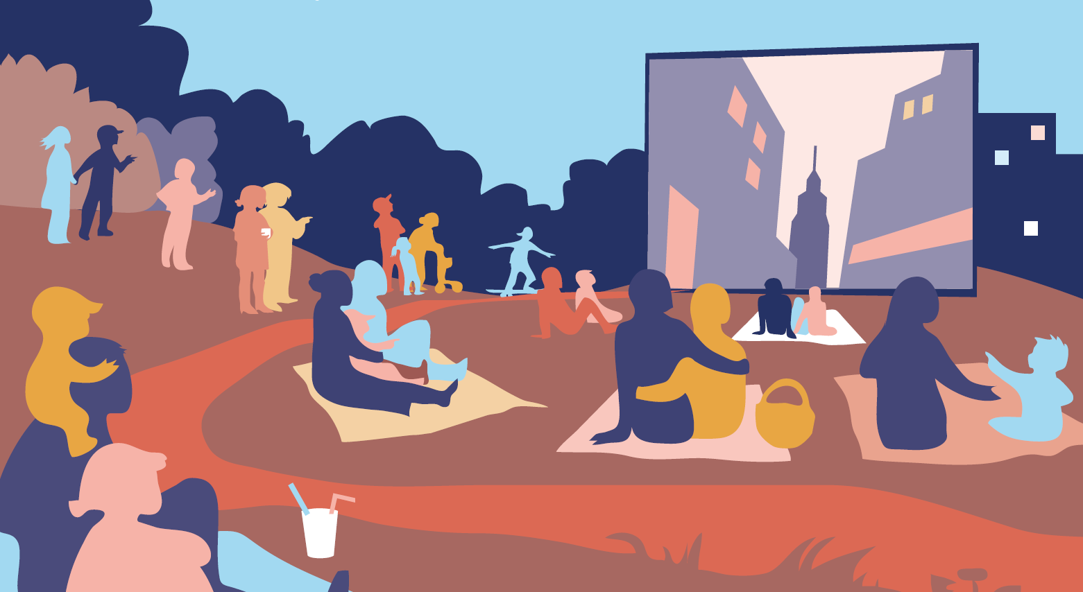 Plakatillustration für ein Open-Air Kino im Park. Zu sehen sind verschiedene Personen auf Picknickdecken, die Arm in Arm auf eine Leinwand schauen.