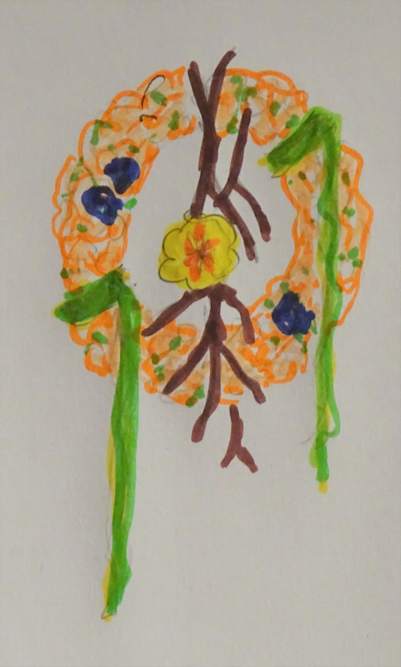 Ein gemaltes Bild zeigt einen Blumenkranz für die Tür. In der Mitte des Kranzes präsent rank ist ein gelbes Stiefmütterchen.