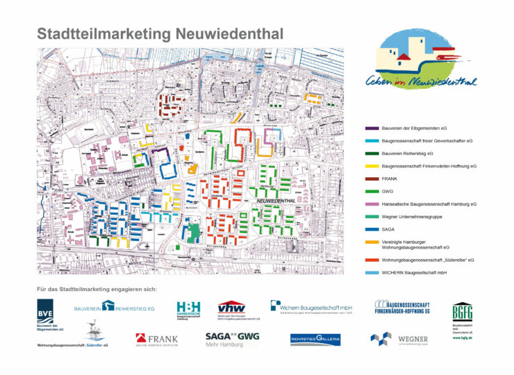 Stadtteilkarte, auf der mit unterschiedlichen Farben eingezeichnet ist, welche Wohngebiete zu welcher Baugenossenschaft oder Baugesellschaft gehören.